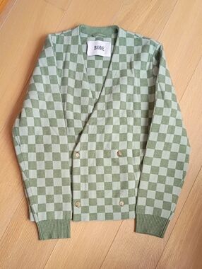 Bode Sage and Light Green Checkerboard Wool Cardigan